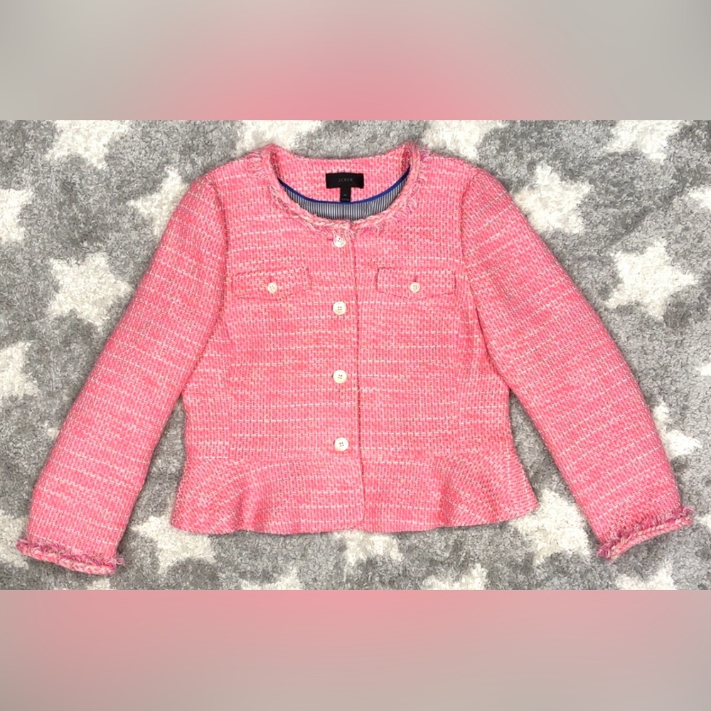 J.Crew Peplum Lady Pink Collarless Button Front Tweed Blazer Jacket Size 14